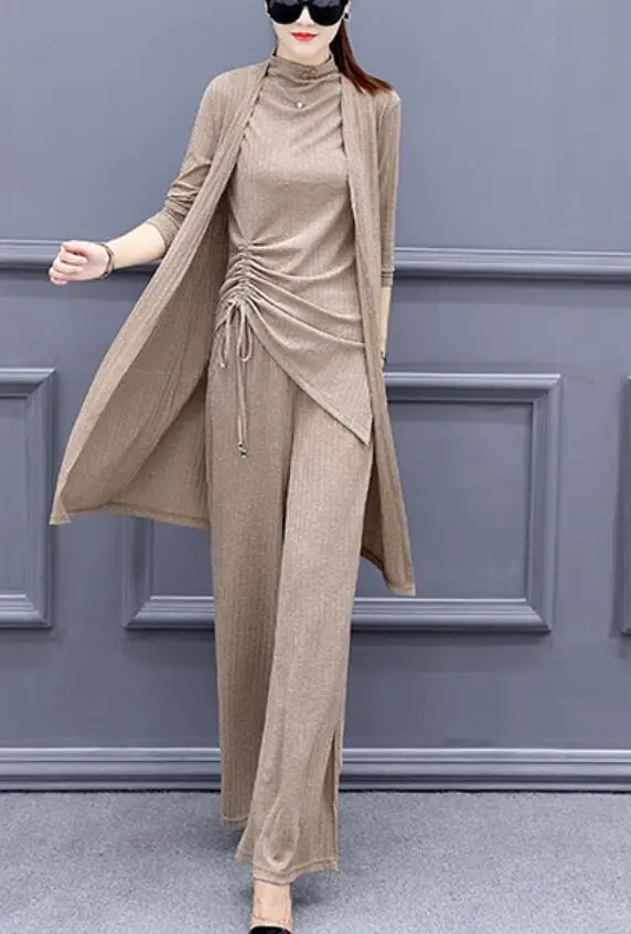 

Fashion women set long-sleeved cloak & round neck t-shirt& wide-leg pants three-piece high quality smil temperament office