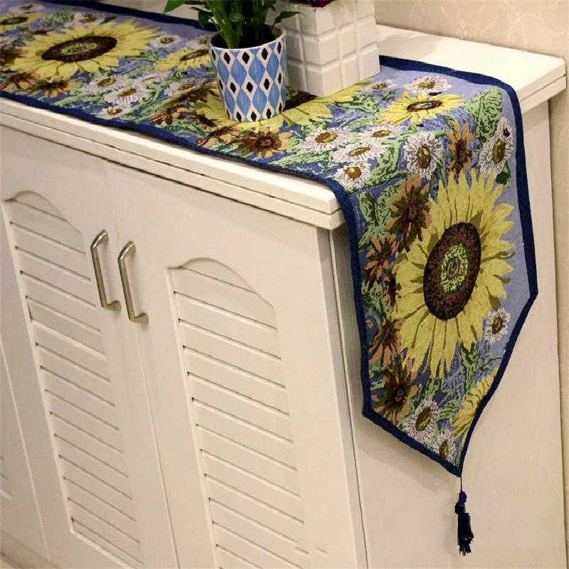 

Elegant Sun Flower Cotton Tablecloth Table Runner Embroidered Floral Cutwork Table Decorative Covers Jacquard Desktop Flag Decor