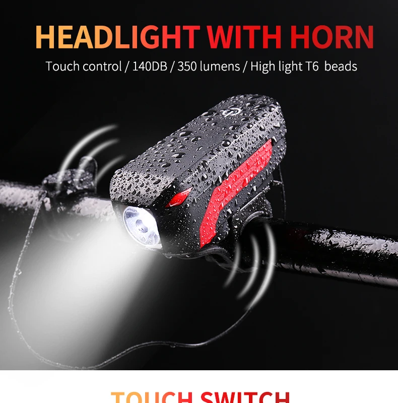 Clearance WHEEL UP Bike Bicycle Horn Headlight USB Rechargeable LED Lamp IPX5 350 Lumens Cycling Headlight With Horn Handlebar Flashlight 1