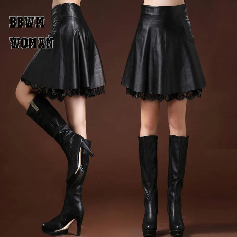 Leather Skirt Female A Word Plus Size Above Knee High Waist Pleated Autumn Winter Super Fire Skirt ZO944