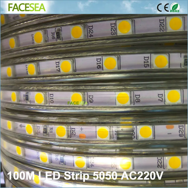 

100m AC 220V SMD 5050 Flexible Led Strip Light 60leds/m Waterproof led Ribbon tape Warm White/White with EU power plug