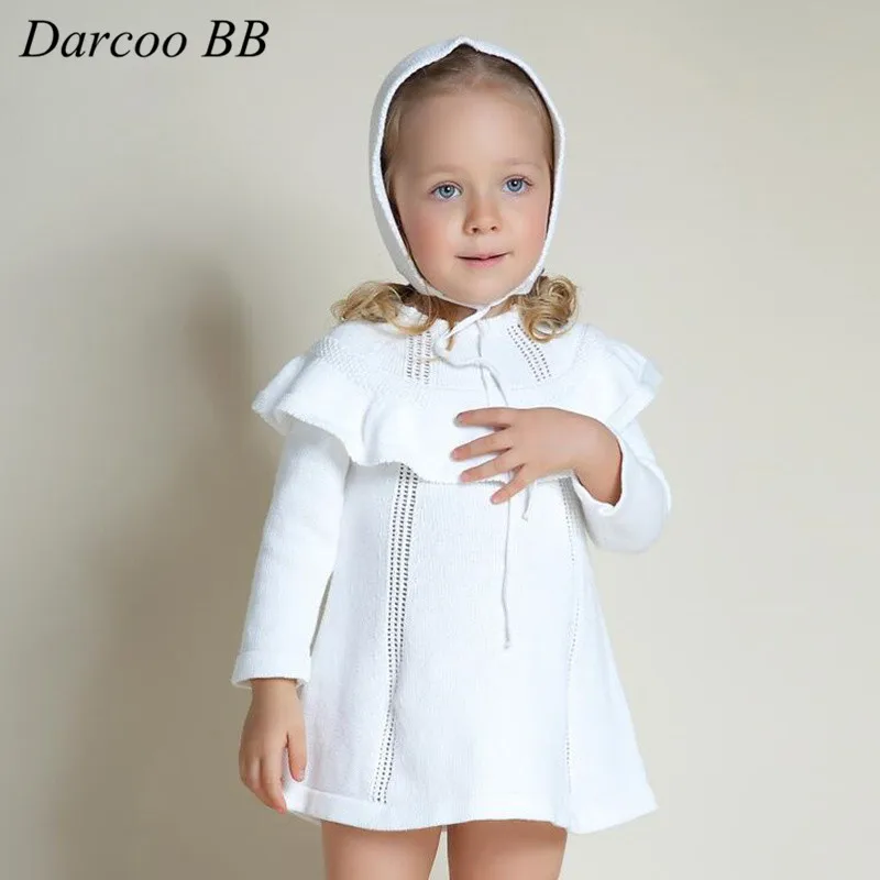

High Quality Autumn Winter Knitted Girls Long Sleeve Dress White Red Baby Children Cotton Clothing Girl Princess Dress With Hats