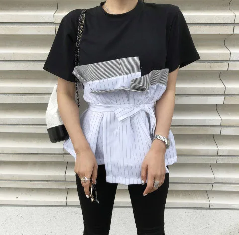 

2019 Spring and Summer Korean Retro-style T-shirts Patchwork High Street Short Sashes T-shirts O-Neck Office Lady T-shirts
