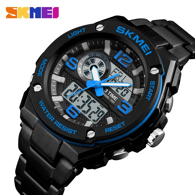 

SKMEI 1333 Luxury Men's Wristwatch Quartz Digital Sport Watches For Men Stainless Steel Waterproof Watch Montre Homme Male Clock
