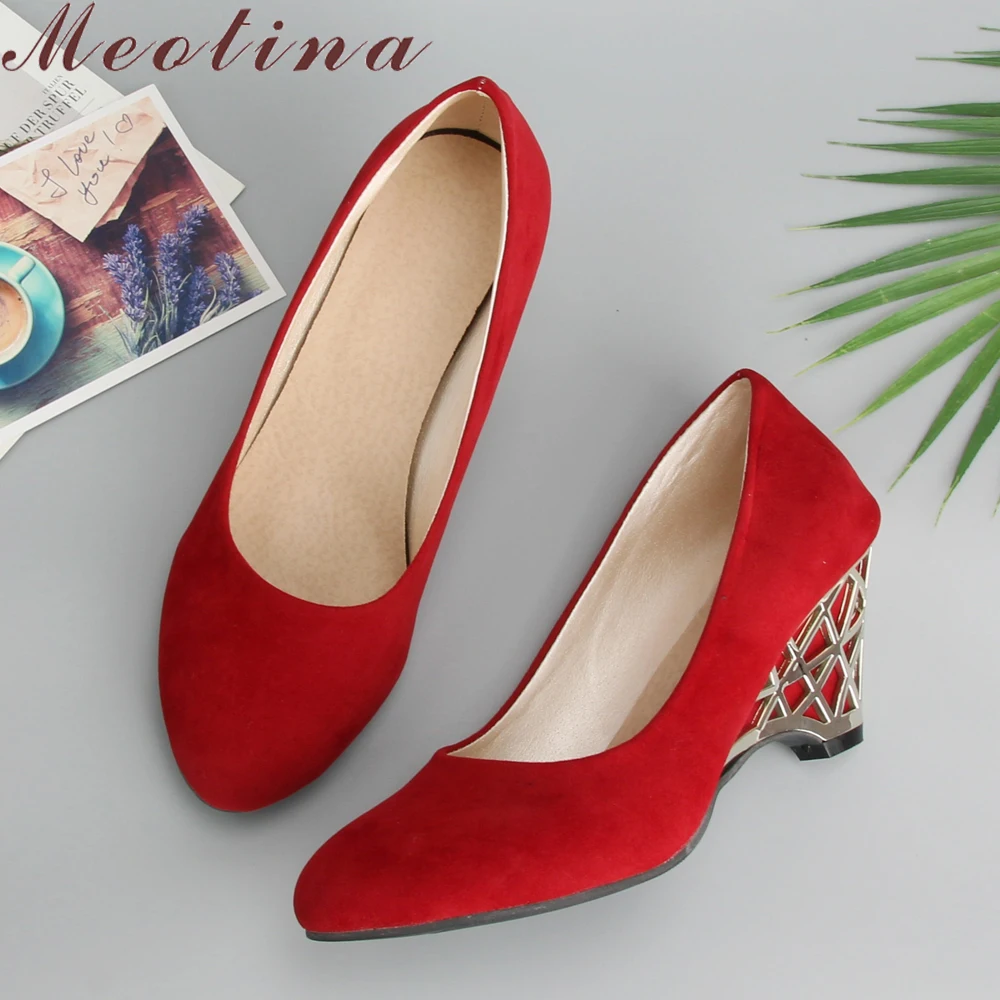 Meotina/Женская обувь; туфли-лодочки на танкетке; женские офисные туфли на высоком каблуке золотистого цвета; красные туфли-лодочки с круглым носком; Осенняя обувь; Цвет фиолетовый; размеры 34-39