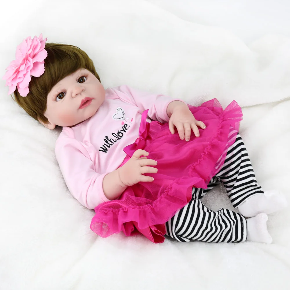 

57cm100% Full Silicone doll Reborn babies 23" bebe toddler collectible doll birthday gifts vinyl newborn bathe brinquedos doll