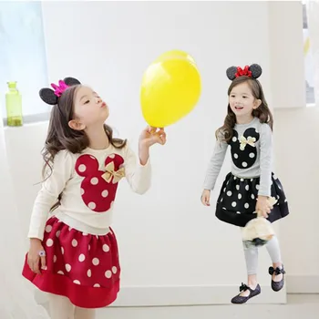 

Girls Clothes Long-sleeved T-shirt Bottoming Shirt Short Skirt Two-piece Round Dot Printing Bow Decoration 2-7 Y Child Wear