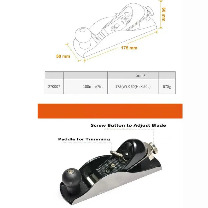  HQ 175MM/7INCH Woodworking Steel Plane Carpenter Plane with 41MM Fine Adjustable Edged Blade and Pr