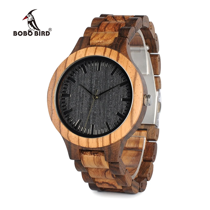 Online BOBO BIRD D30 caja redonda de madera de cebra Vintage reloj para hombres con cara de madera de bambú de ébano con correa de madera de bambú de cebra movimiento japonés