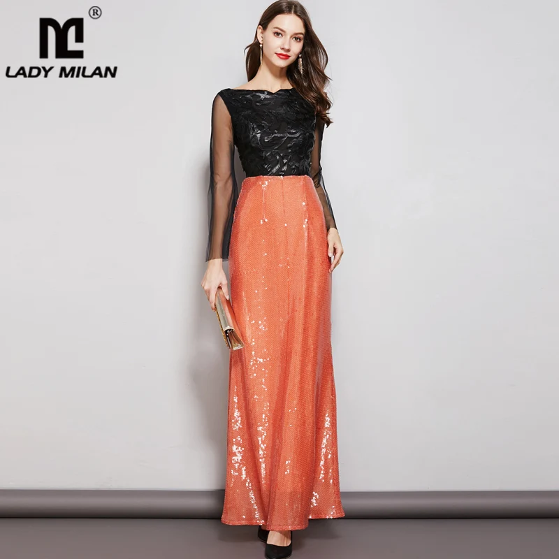 

Lady Milan Women's Evening Party Prom Slash Neckline Long Sleeves Appliques Sequined Patchwork Maxi Elegant Dresses