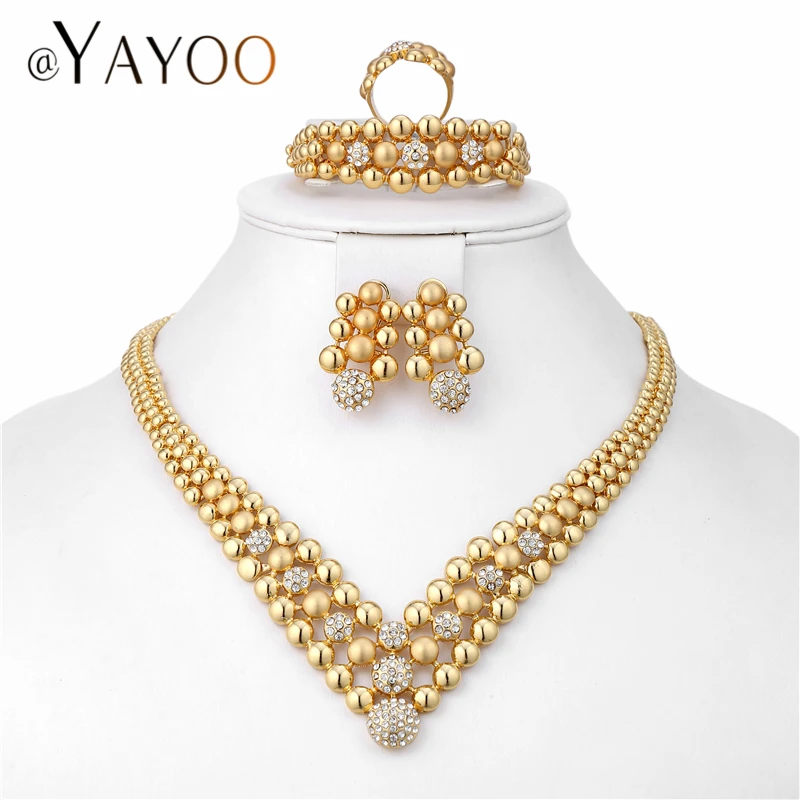 

AYAYOO Jewelry Sets Gold Color Nigerian Wedding African Beads Jewelry Set For Women Imitation Crystal Necklace Fashion Jewellery