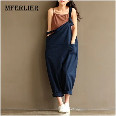 Women-Pants-Solid-Color-Blue-Pants-Loose-Waist-Cross-Pants-Cotton-Trousers-Plus-Size-3XL-Bandage