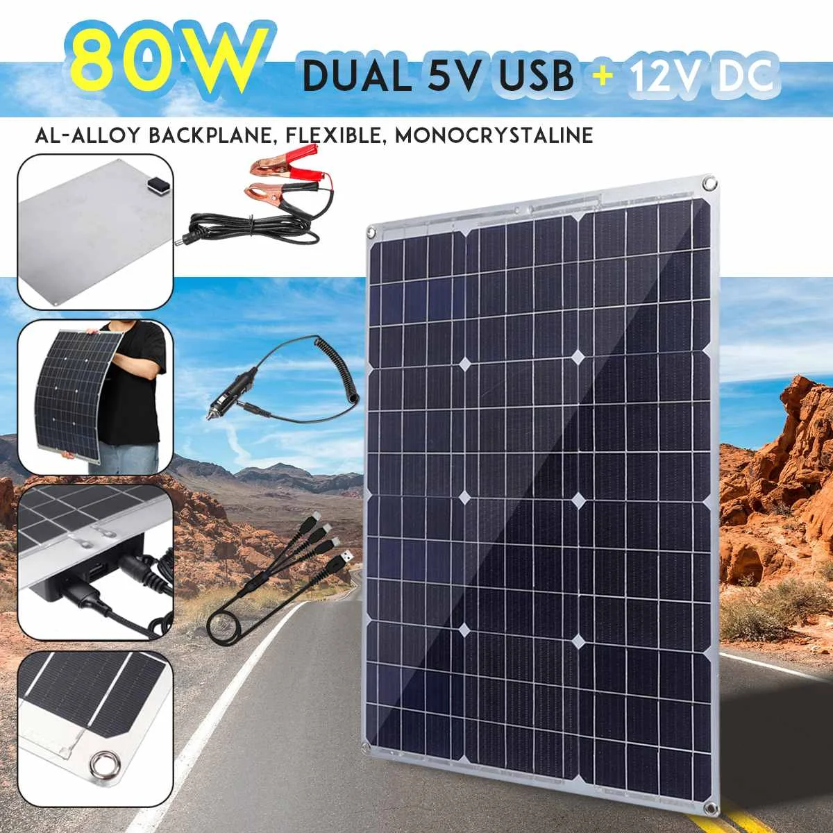 

80W Fexible Solar Panel Panels Solar Cells Cell Module Double USB interface 2.8A 3A for Car Yacht Led Light Boat Outdoor Charger