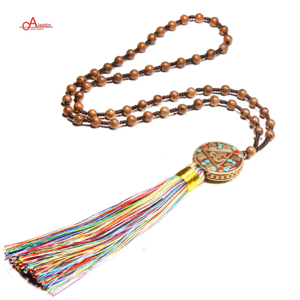 

Aladdin 2018 Vintage Nepalese religion Style Strand Long Chain with Long Tassel handmade mood beads for women gift