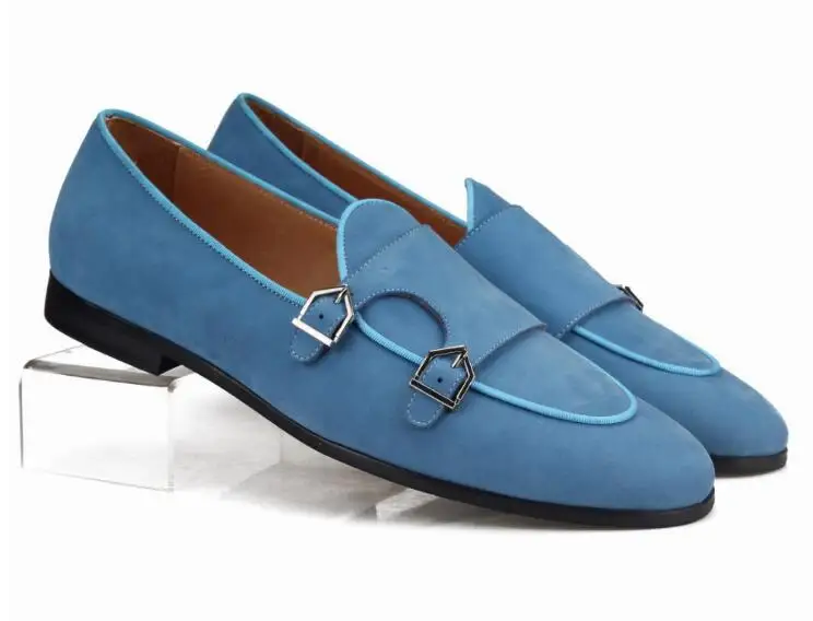 

Fashion Blue Suede Men Loafers Men's Moccasins Casual Shoes Flats Dress Shoes Double Buckles Wedding Shoes Large Size