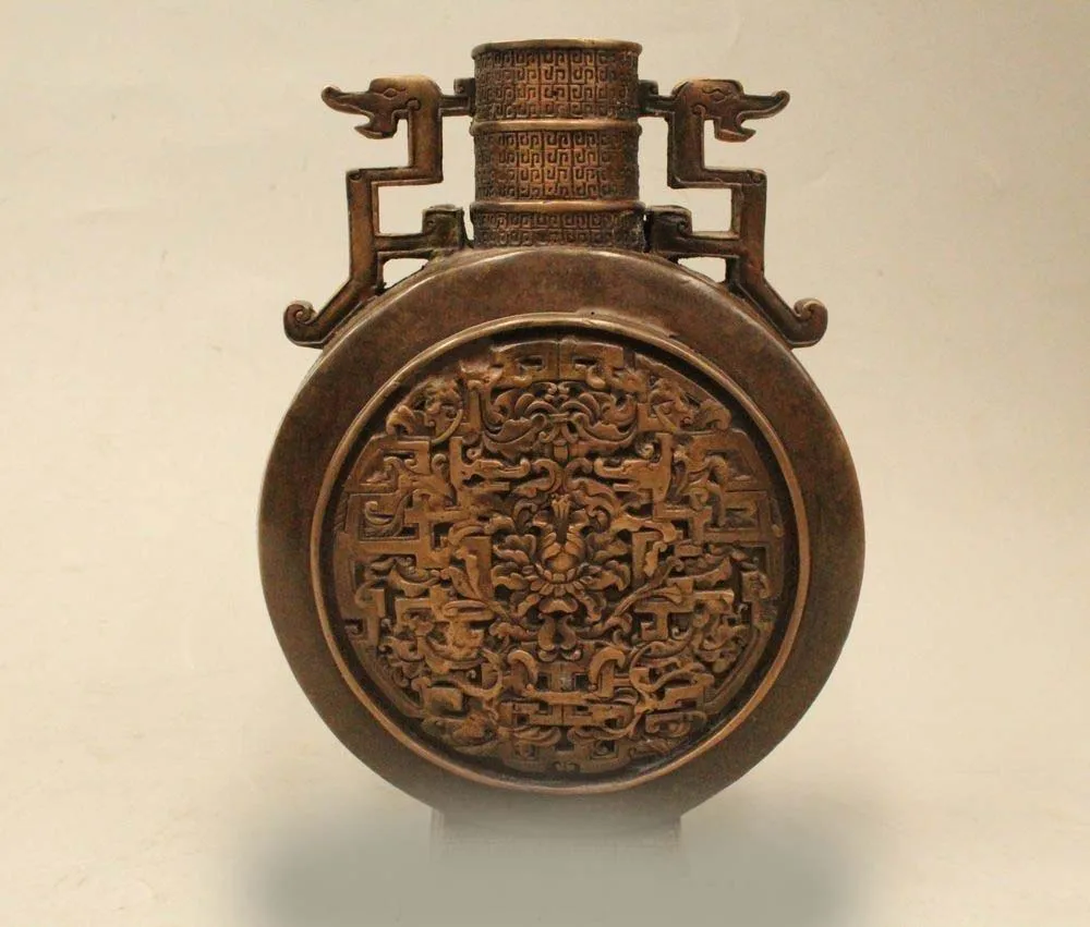 

DS 9" Marked China Dynasty Palace Bronze Beast Handle Flower Bottle Vase Pot