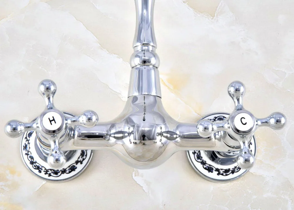 Polished Chrome Brass Ceramic Flower Base Wall Mounted Kitchen Sink Faucet Swivel Spout Mixer Tap Dual Cross Handles anf580