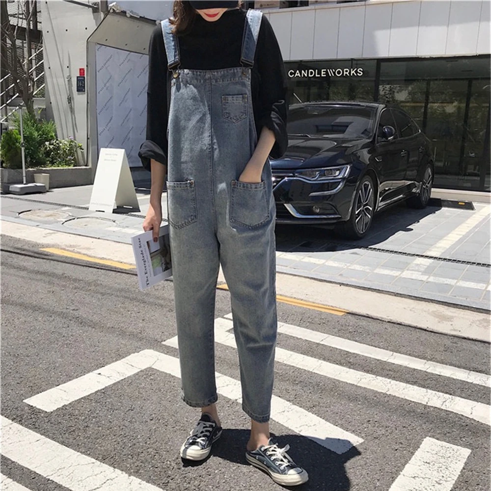 Женские потертые ретро джинсовые комбинезоны Harajuku стиль отверстие светло-голубой дикие талии свободные джинсовые брюки уличные хипстеры хип-хоп джинсы