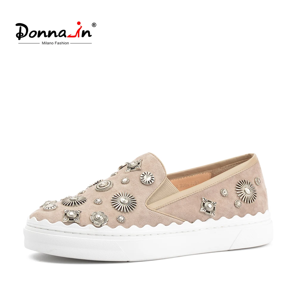 

Donna-in Genuine Leather Women Sneakers Flat Women Shoes Punk Metallic Accessories Loafers 2018 New Fashion Suede Ladies Shoes