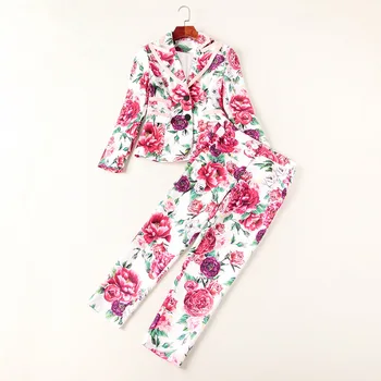 

European and American women's wear autumn 2018 The new Long sleeve single-breasted coat + 7 minutes of pants peony print suit