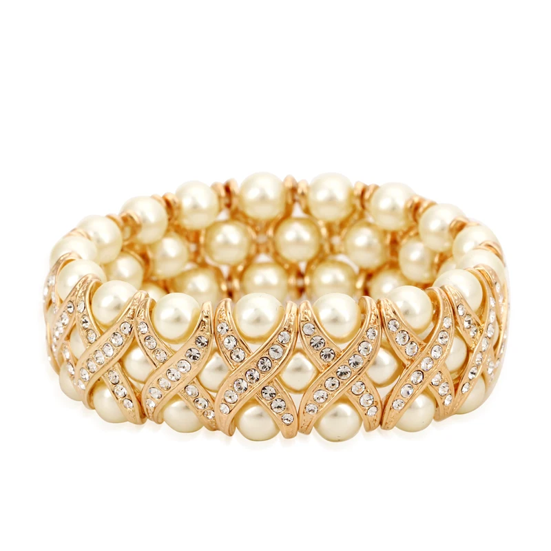 

ZHOUYANG Top Quality ZYH167 Imitation Pearl Elastic Rose Gold Color Bracelet Jewelry Austrian Crystals Wholesale