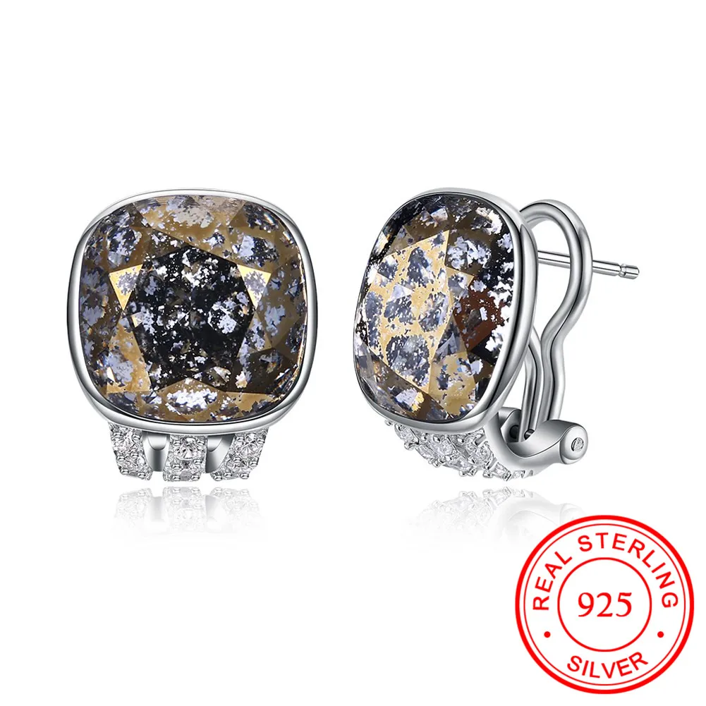 

100% Real 925 Sterling Silver Brown Square Crystal with Shiny Cubic Zirconia Women Elegant Earrings Party Jewelry Gifts