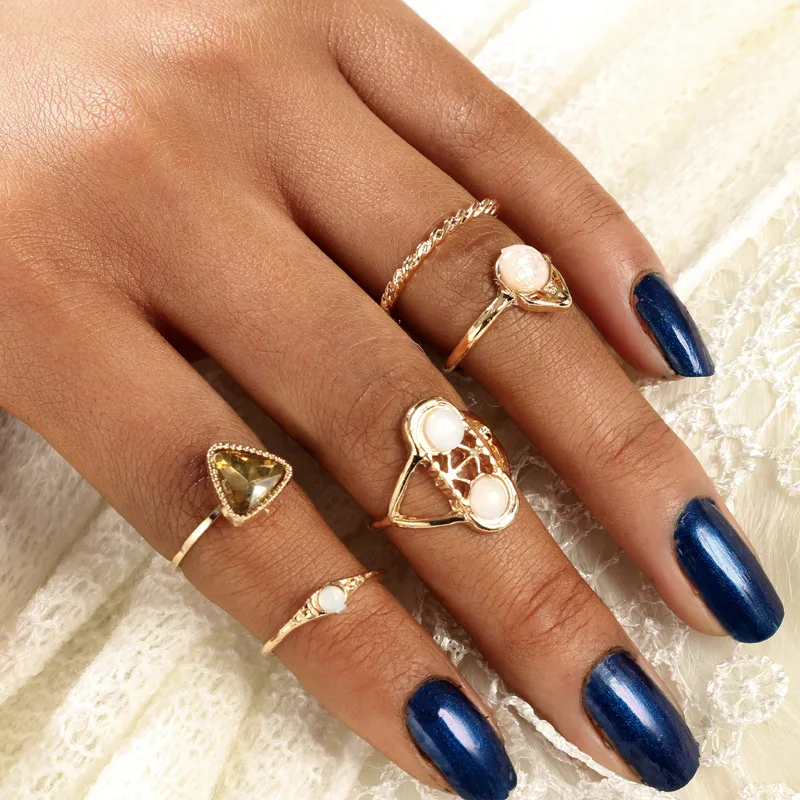 

Vintage Gold Silver Ankh Cross Key Life Om Ohm Aum Crown Crystal Rhinestone Flower Leaf Rings Set for Women Bijoux Female Gifts