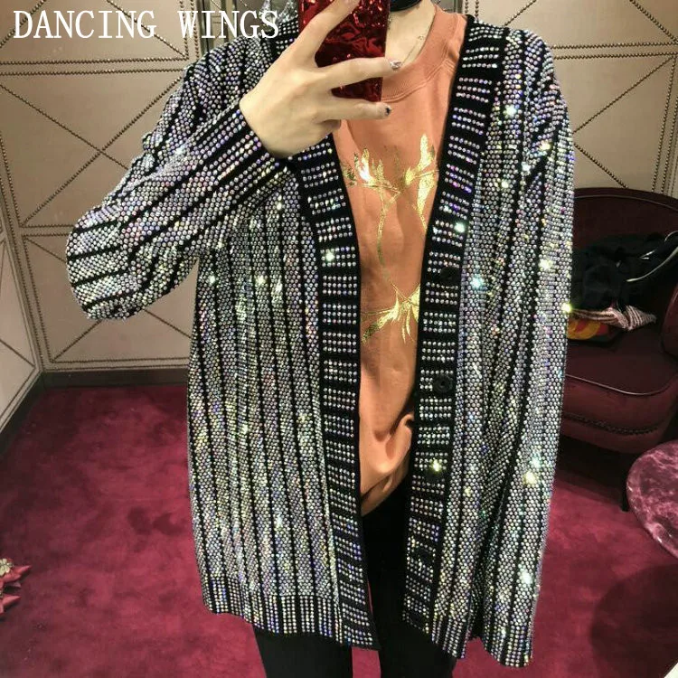 

Runway Sweater 2019 Women's V-neck Luxury Bling Diamonds Beaded Knitting Cardigan Women Summer Thin Jackets