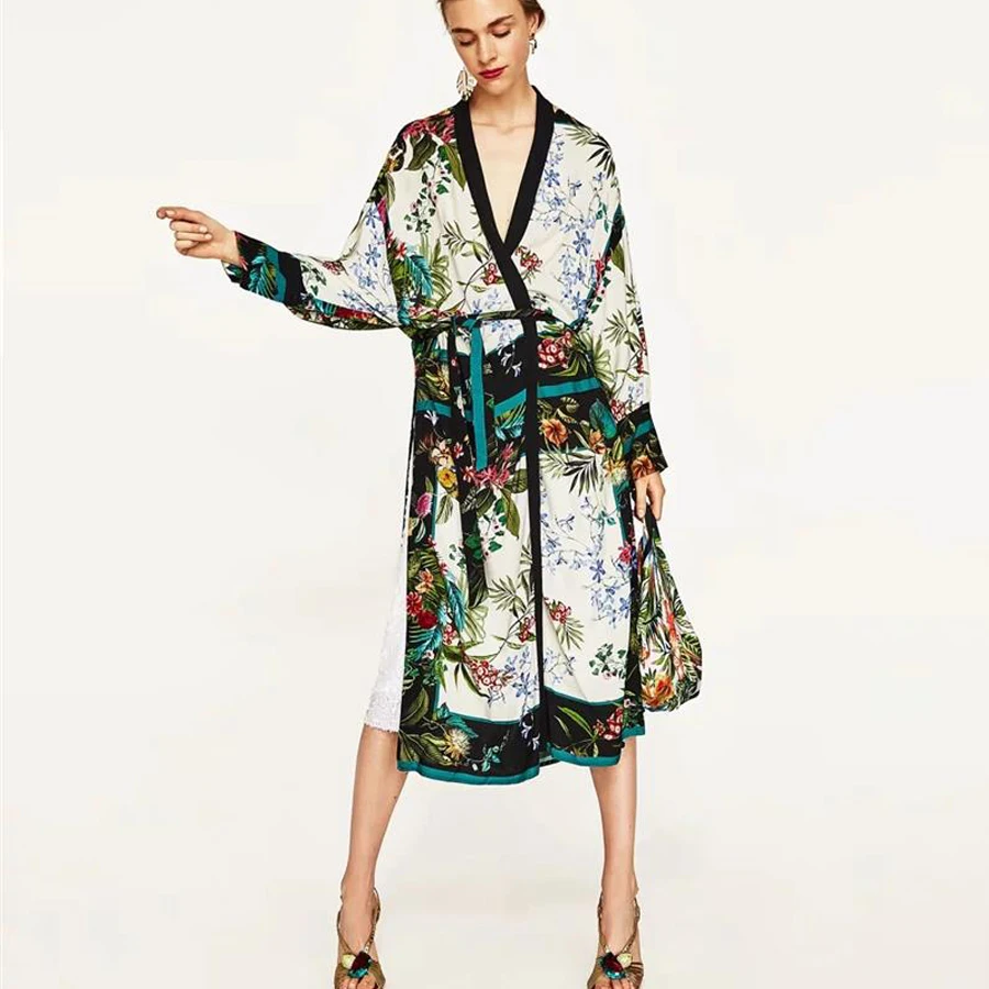

BOHO Kaftan Dress Long Sleeve Floral Printed Kimono Women Dress Shawl Cardigan Lace Up Beach Style Dress Side Slit Vestidos 2019