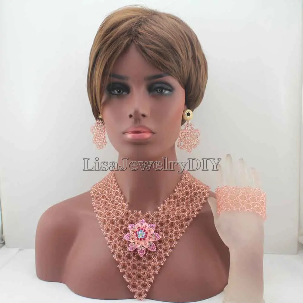 

Fashion New Pink Indian Wedding African Beads Jewelry Set Women Costume Chunky Necklace Set Bride Free Shipping HD8372