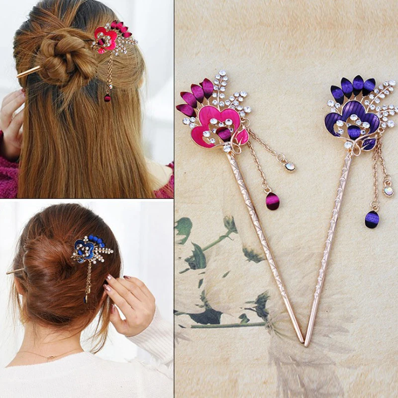 Заколка для волос в китайском стиле, Винтажные заколки для волос с кисточками, античный дизайн, металлический цветок, хрустальные стразы, женские аксессуары для волос