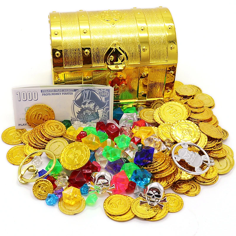 

Novelty Children Pirate Jewelry Box Gold coin toy Storage Case Halloween Vintage Fancy Props Treasure Chest Gift For Kids