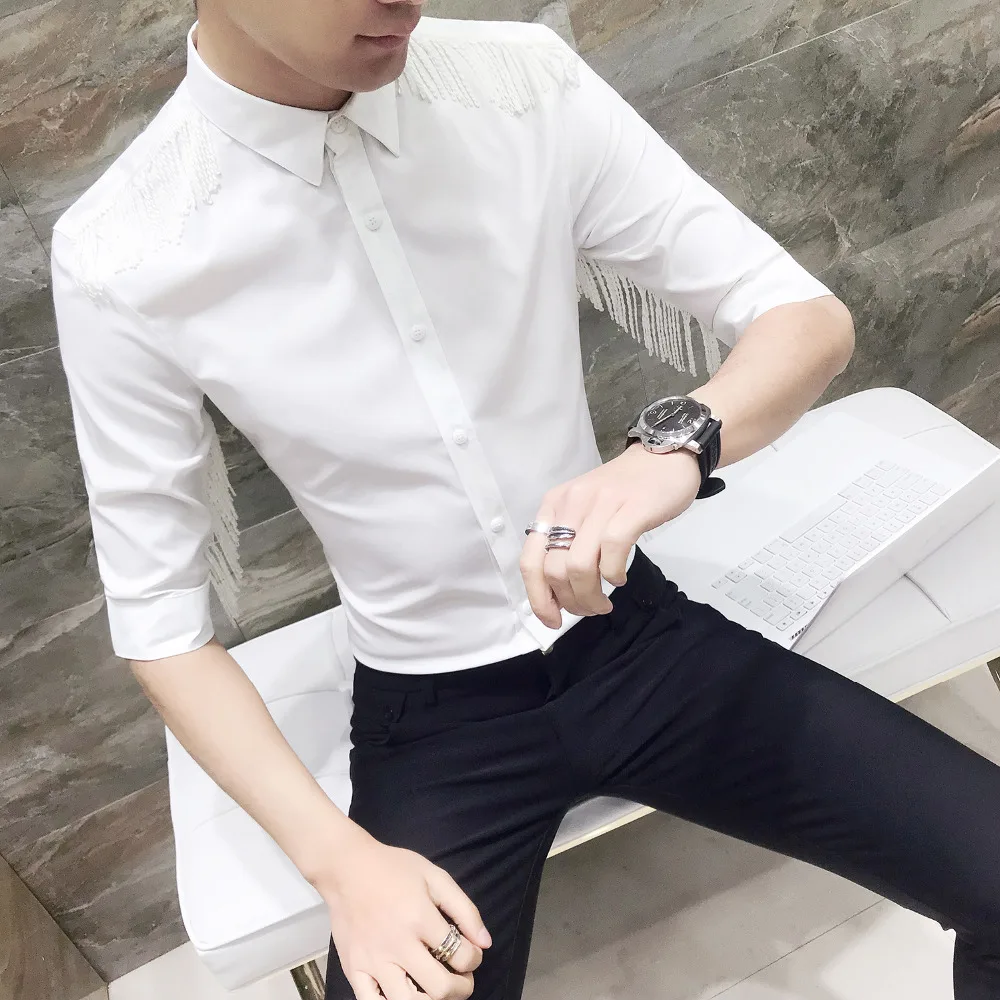 Индивидуальная рубашка с кисточками Мужская мода корейский 2019 Slim Fit Половина