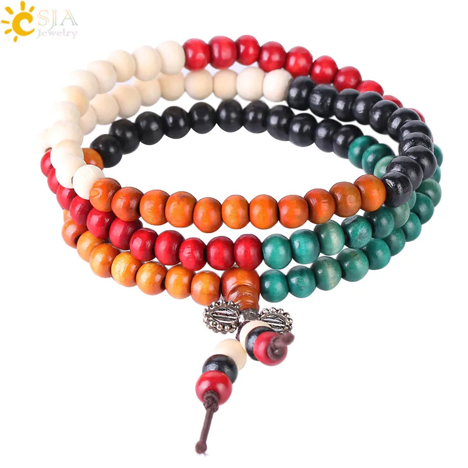 CSJA Colorful Wooden Bead Bracelet Multilayer 6mm Matte Rosary Beads