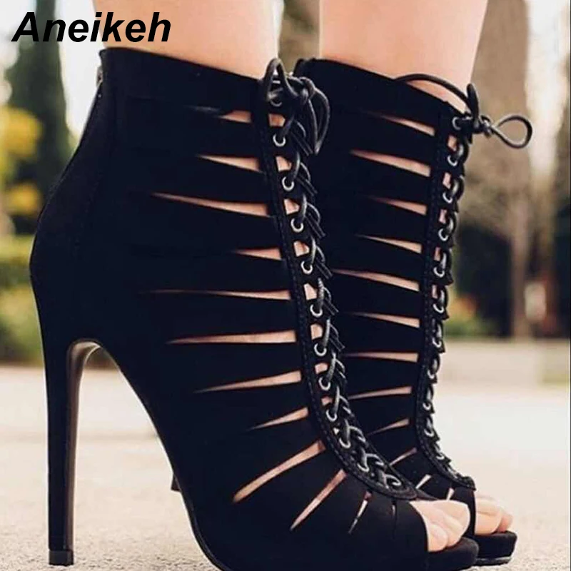 

Aneikeh 2019 Summer Flock Sandals Ankle Boots Open Toe Fashion High Heels Stiletto Sexy Rome Cross-tied Ankle Strap Party Pumps