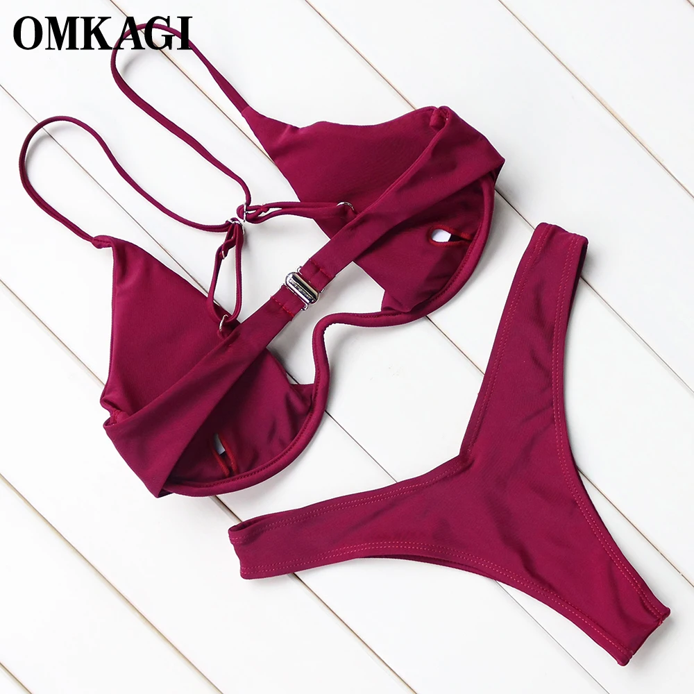 OMKAGI Brazilian Bikini 2017 Sexy Swimwear Swimsuit Women Solid Bikinis Set Push Up Bathing Suit