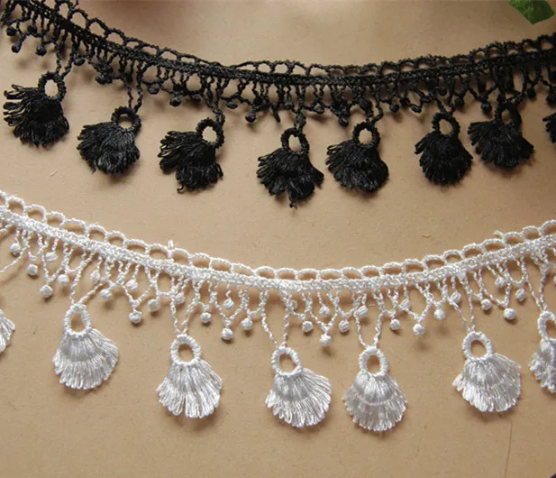 

10 ярдов 5 см 1,96 "Ширина слоновой кости/черные кисточки бахрома кружевной отделкой ленты ML25L47