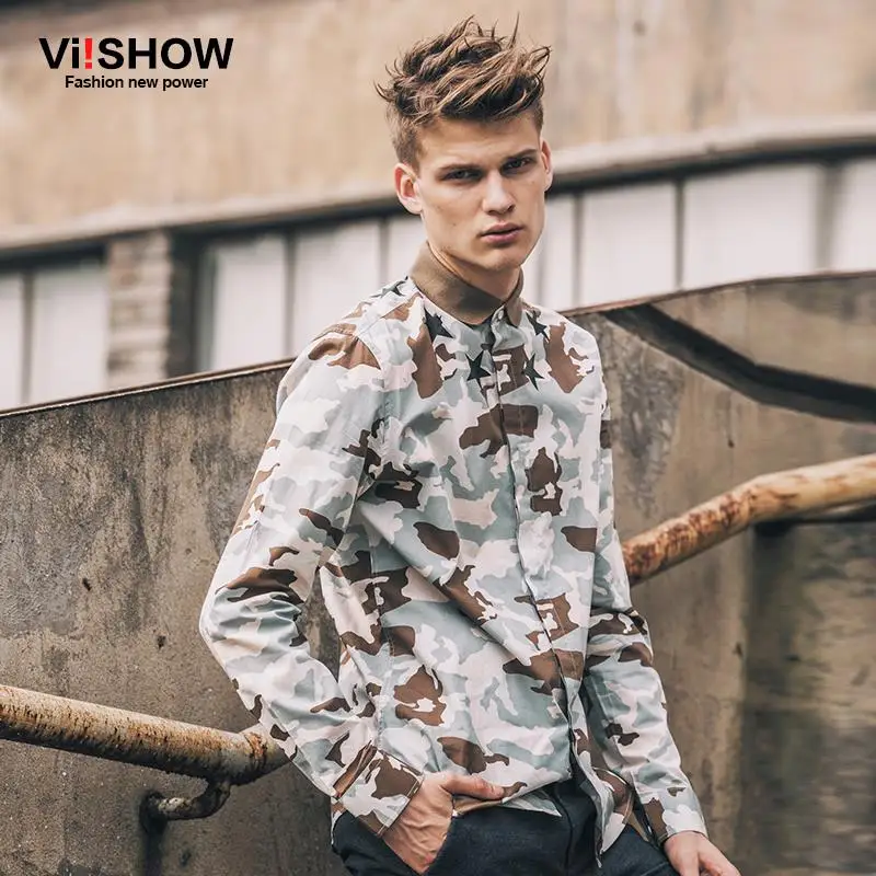 VIISHOW камуфляжная футболка Для мужчин брендовая одежда печати Slim Fit Для мужчин Мужская классическая рубашка с длинным рукавом Повседневное