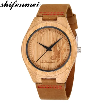 

Shifenmei Men's women Watch Simple Analog Bamboo Wooden Clock Man Genuine Leather Watchs Men Watches Luxury Quartz wristwatch