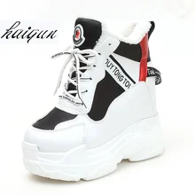 Новые зимние женские ботильоны ботинки на танкетке с высоким берцем на каблуке 11 см теплые кожаные кроссовки на платформе с мехом женские зимние ботинки из хлопка