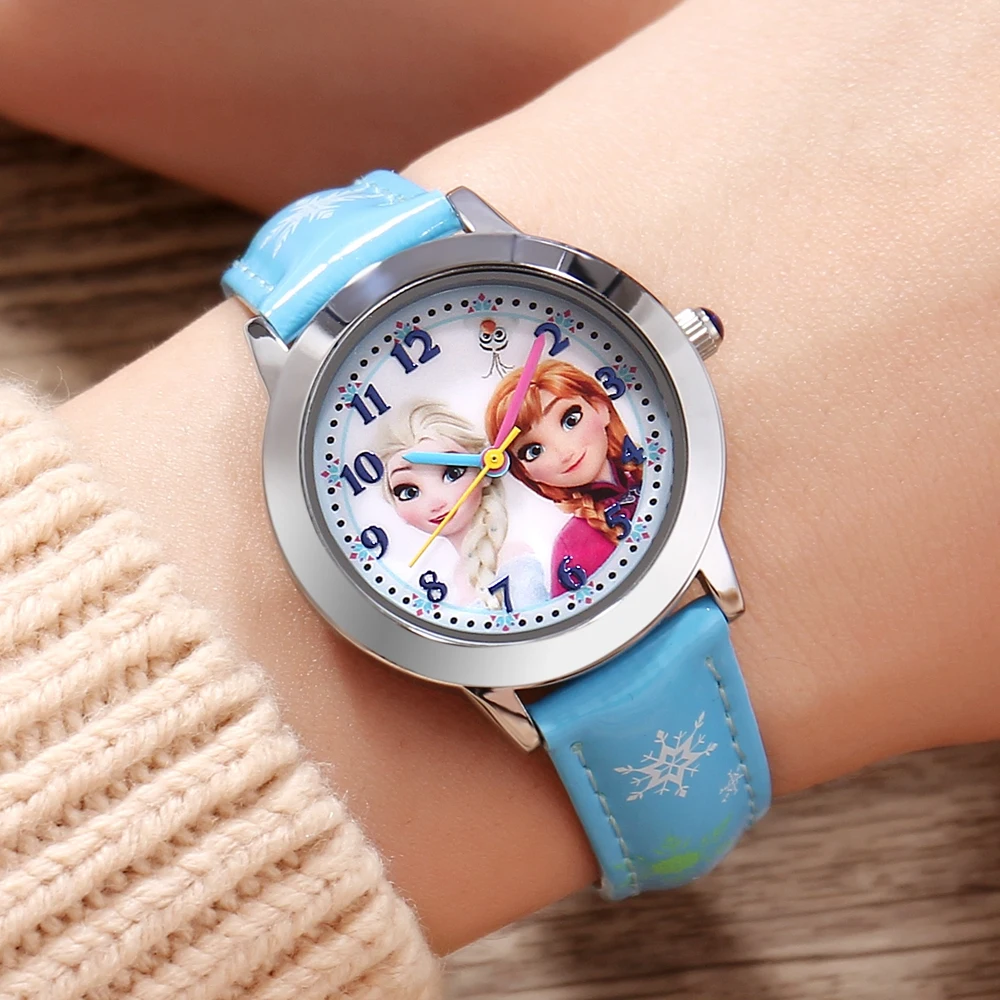 Disney Princess Series Frozen Elsa Anna Sofia Girls Leather PU Band Quartz Simple Children Watches For Girls Hour Blue Pink New