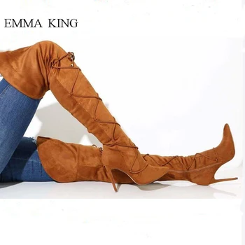 

New Suede Thigh High Boots Women Cross-tied Zipper Long Boots Sexy Pointed Toe Stiletto High Heels Autumn Winter Shoes Woman