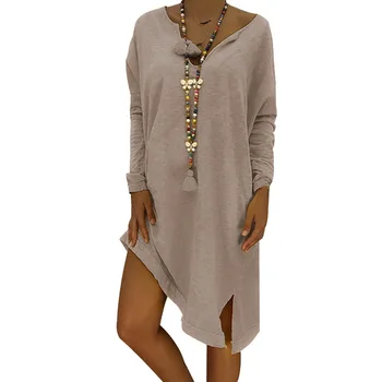 

Laamei Autumn Women Boho Long Sleeve Mid Dress V-neck Cotton Causal Dress Female Modis Loose Plus Size 2018 New Brand Dresses