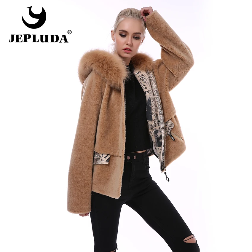 JEPLUDA 100% Натуральный Шерсть Куртка Женская Зимняя с Капюшоном мех Песец Короткое