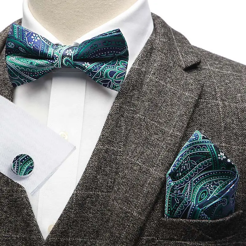YISHLINE набор-3 мужской галстук-бабочка и платок запонки набор в полоску Цветочный Узор Пейсли мужские галстуки смокинг Свадебные регулируемые