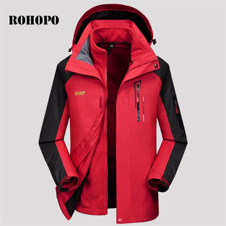

ROHOPO Windbreaker Waterproof double layer jacket men,removed hooded soft shell keep warm windbreaker man Fleece patchwork coat