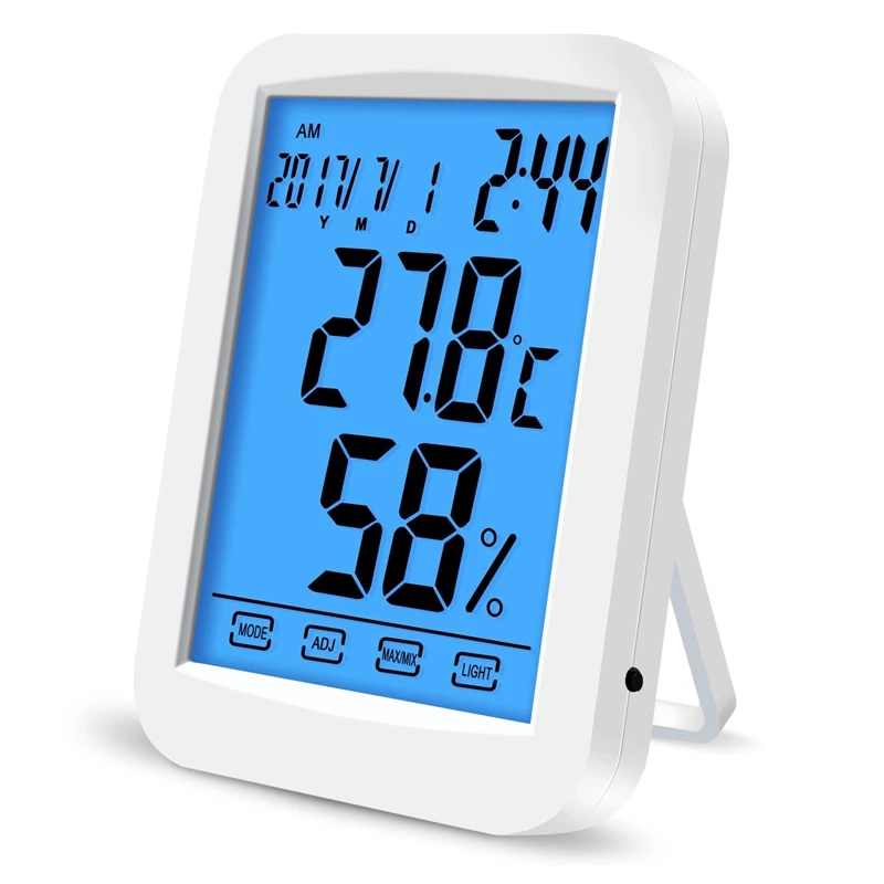 

Digital Thermometer Hygrometer LCD Touch Screen Temperature Humidity Meter Indoor Table Weather Station Blue Backlight & Clock