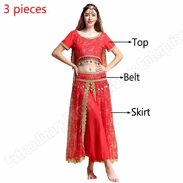 Болливуд Сари набор костюма для танца живота для восточных танцев индийский костюм женский шифон 5 шт.(головные уборы вуаль Топ Пояс юбка - Цвет: Red-3Pcs