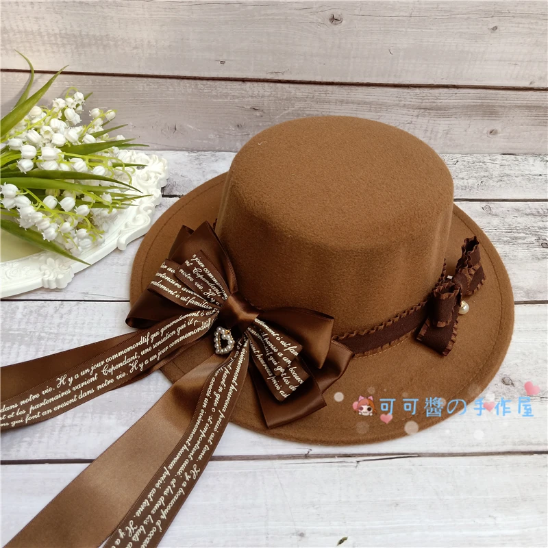 Одежда Лолиты шляпа, Прекрасный имитация шерстяной берет Плоский Вдоль шляпы бантом украшения Англии - Цвет: Shallow brown