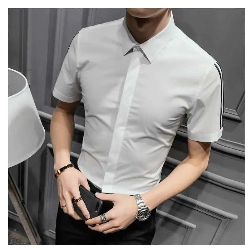 Новая эластичная Мужская рубашка Camisa Masculina роскошные мужские рубашки с коротким рукавом плюс размер 4XL 5XL летняя приталенная Повседневная рубашка